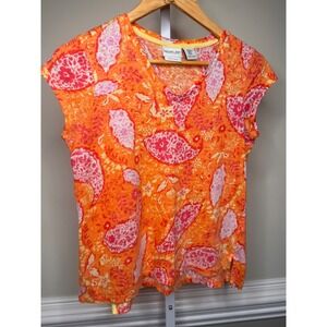 Rachel Zoe Orange Pink Paisley Linen Blend V Neck Cap Sleeve Top‎ Women's M